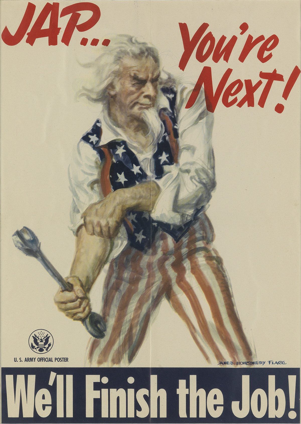 JAMES MONTGOMERY FLAGG (1870-1960). JAP . . . YOURE NEXT! / WELL FINISH THE JOB! 1945. 19x14 inches, 49x35 cm. Recruiting Publicity B